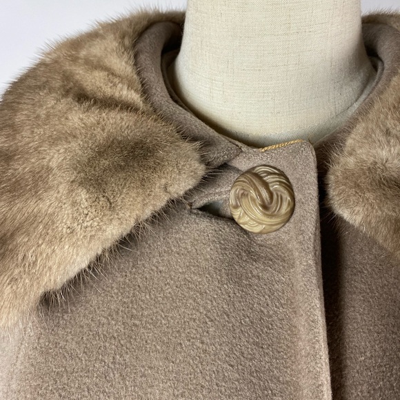 VINTAGE Regal Mode Fur Trim Long Wool Coat Taupe - Picture 3 of 12